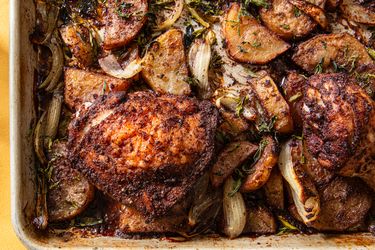 Close crop of a sheet pan chicken