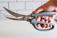 A pair of Williams Sonoma poultry shears held in a hand featuring a cutting blade and ergonomic handles