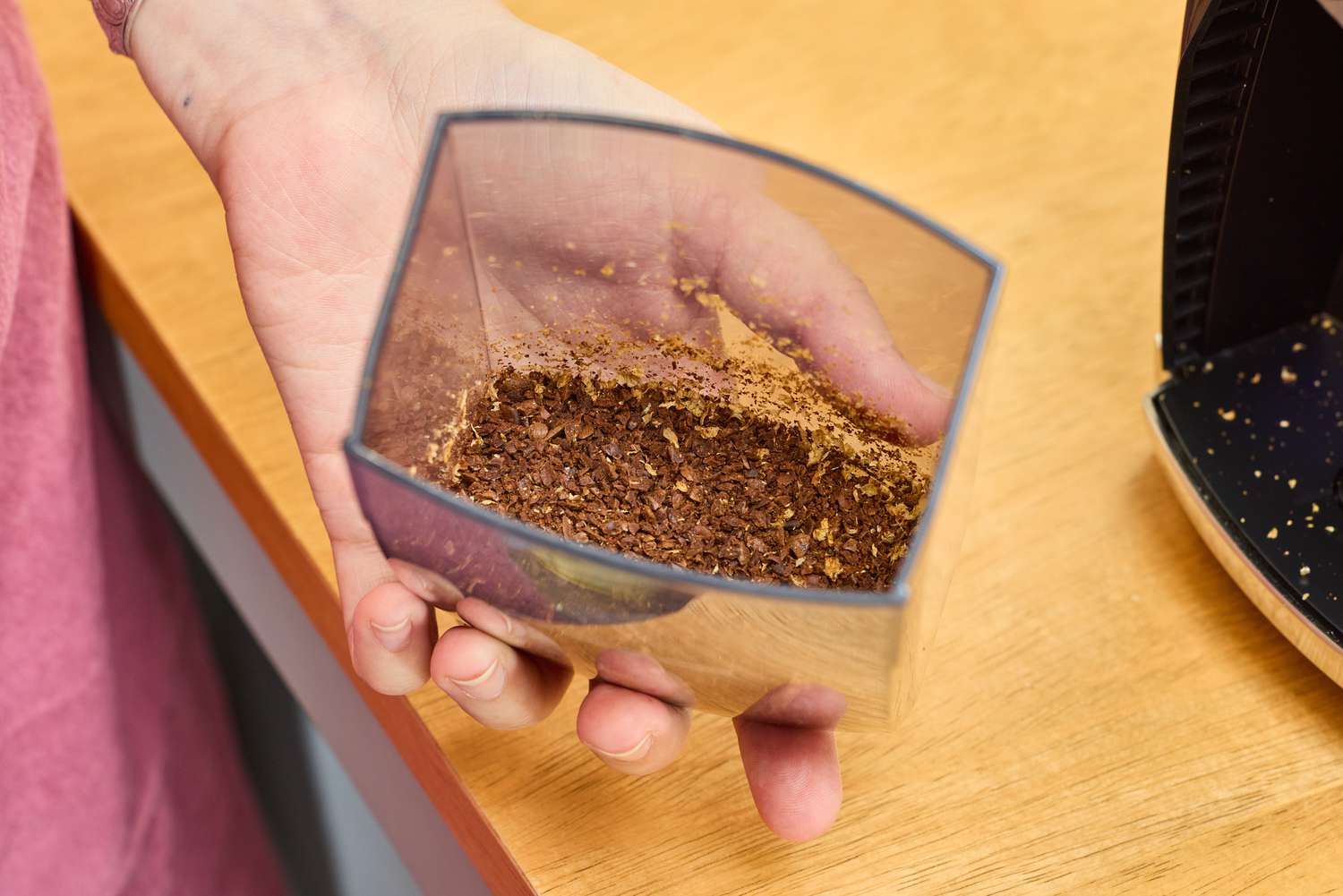 Coffee beans ground in the Baratza Virtuoso+ Conical Burr Coffee Grinder