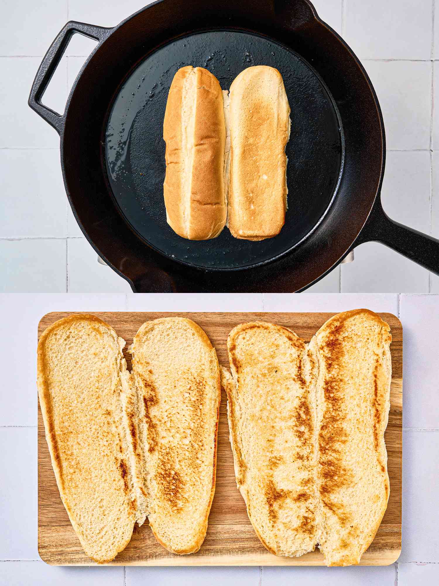 Buns toasting on a cast iron skillet.