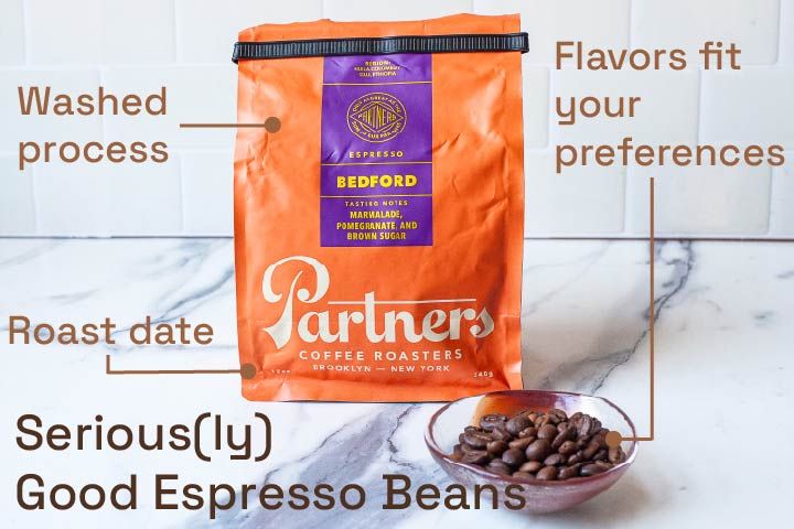a bag of espresso beans with a small bowl of beans in front