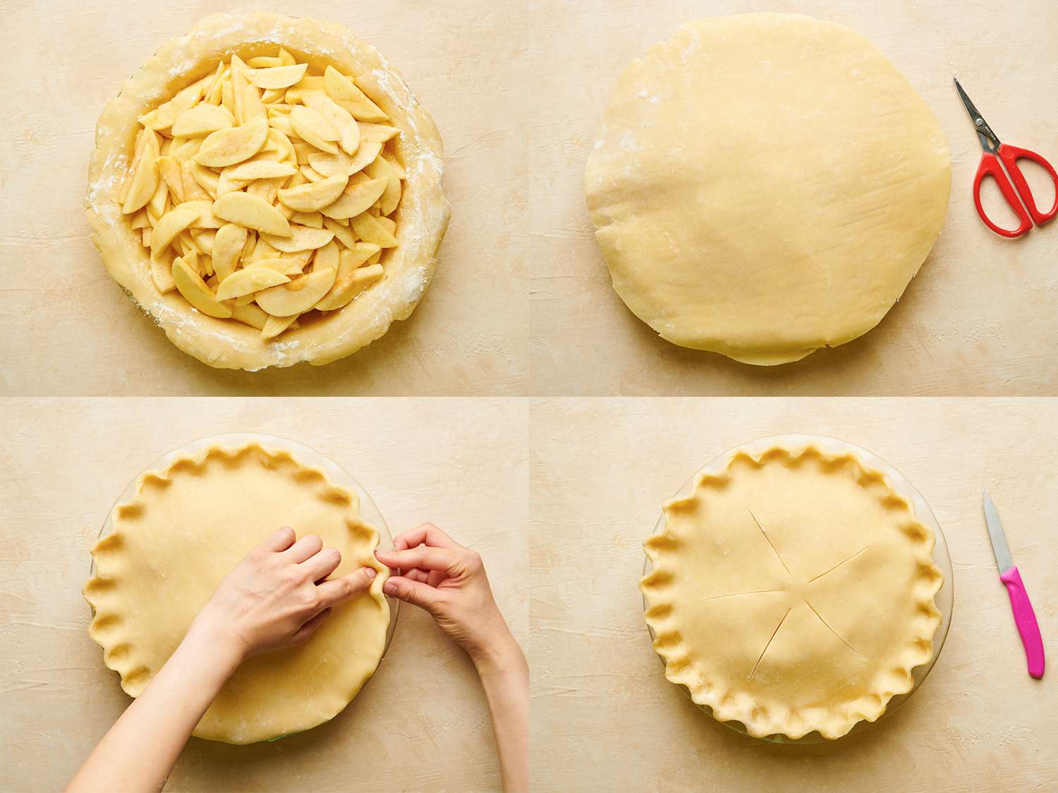 A four-image collage showing the pie being assembled. The top left image shows the sliced apples layered inside of a pie crust inside of a pie dish. The top right image shows the apples now covered with a top layer of crust. The bottom left image shows the trimmed pie's edges being crimped with a hand. The bottom right image show the crimped pie with slits cut into the top so that steam can escape during baking.