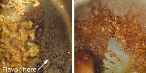 A two-image collage showing a stainless steel pan being deglazed.