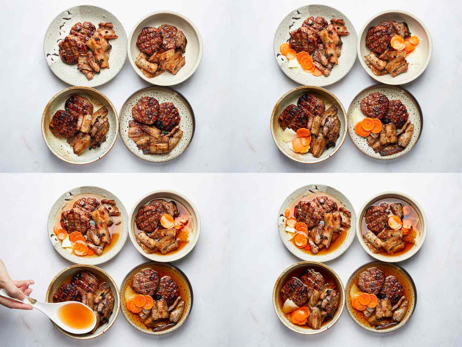 Four image collage of assembling Bun Cha Hanoi bowls