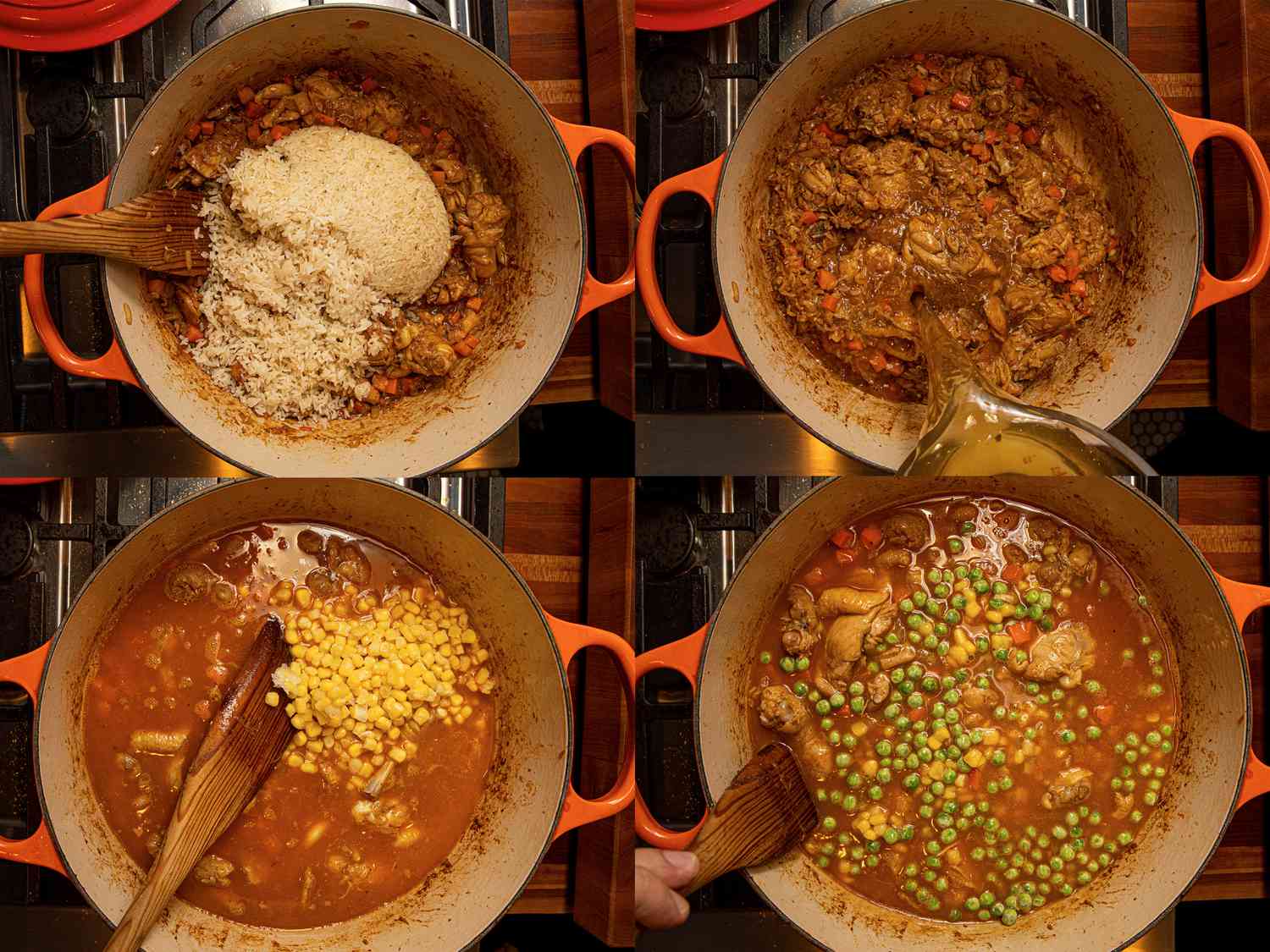 Four image collage of overhead view of adding rice, stock, corn, and peas to the pot