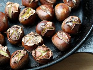 A platter of oven-roasted chestnuts.