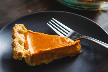Slice of pumpkin pie on a plate with a fork next to it