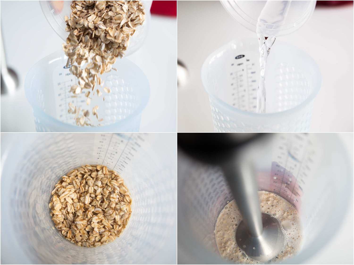 combining rolled oats and water, then using an immersion blender to puree
