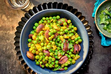 Overhead view of preserved lemon and pea salad