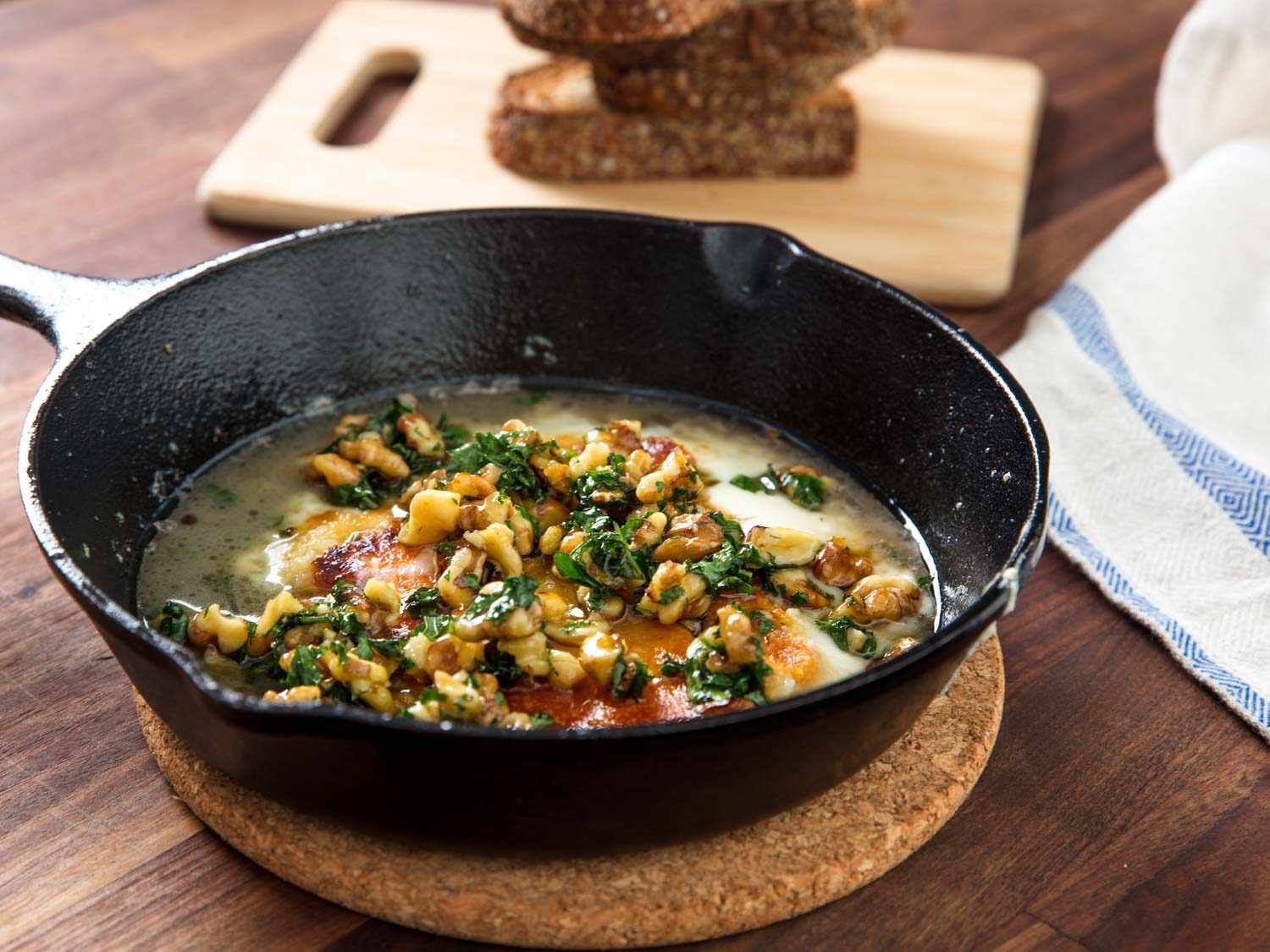 Pan seared greek cheese with walnut vinaigrette