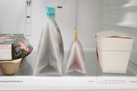 upright reusable storage bag on a fridge shelf