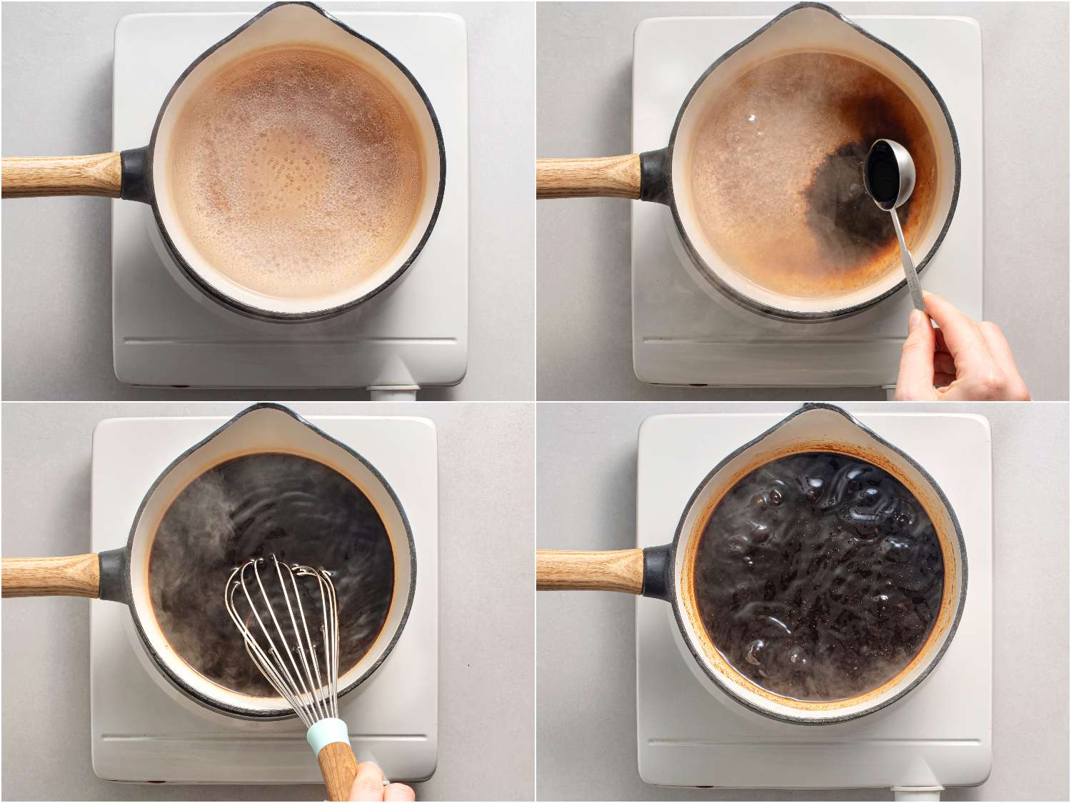 Collage of the sweet tamarind chutney being cooked, with ingredients being whisked in.
