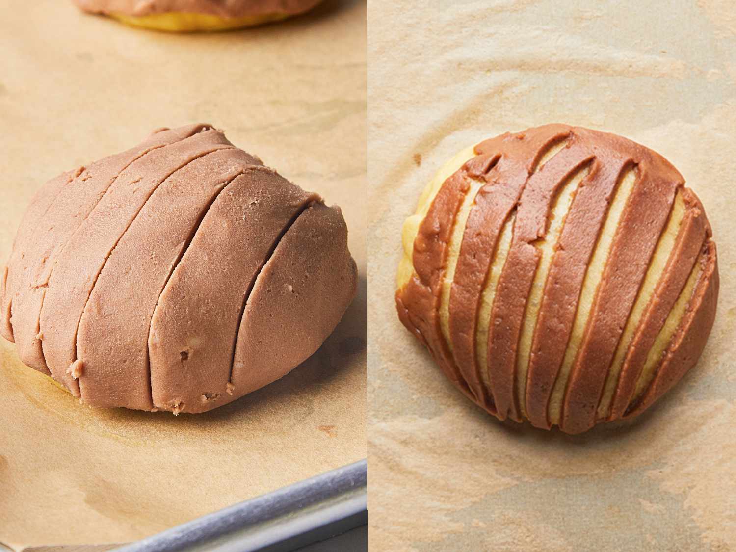 Side by side images showing how the scoring in the crust expands after being proofed.