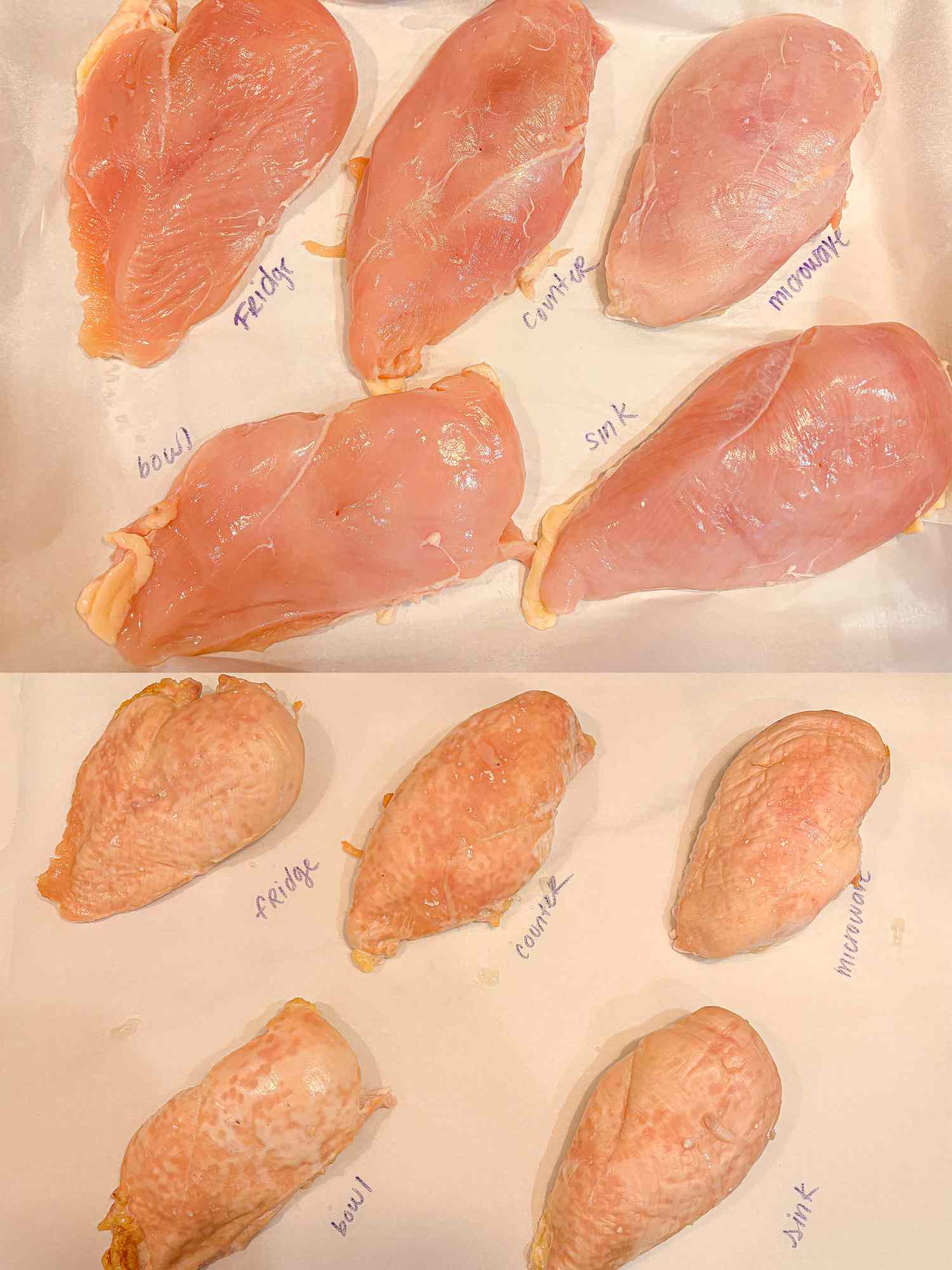 Before and after thawing and cooking chicken