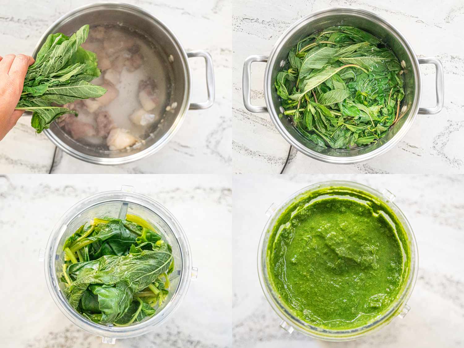 Four image collage of making the caloo leaf puree