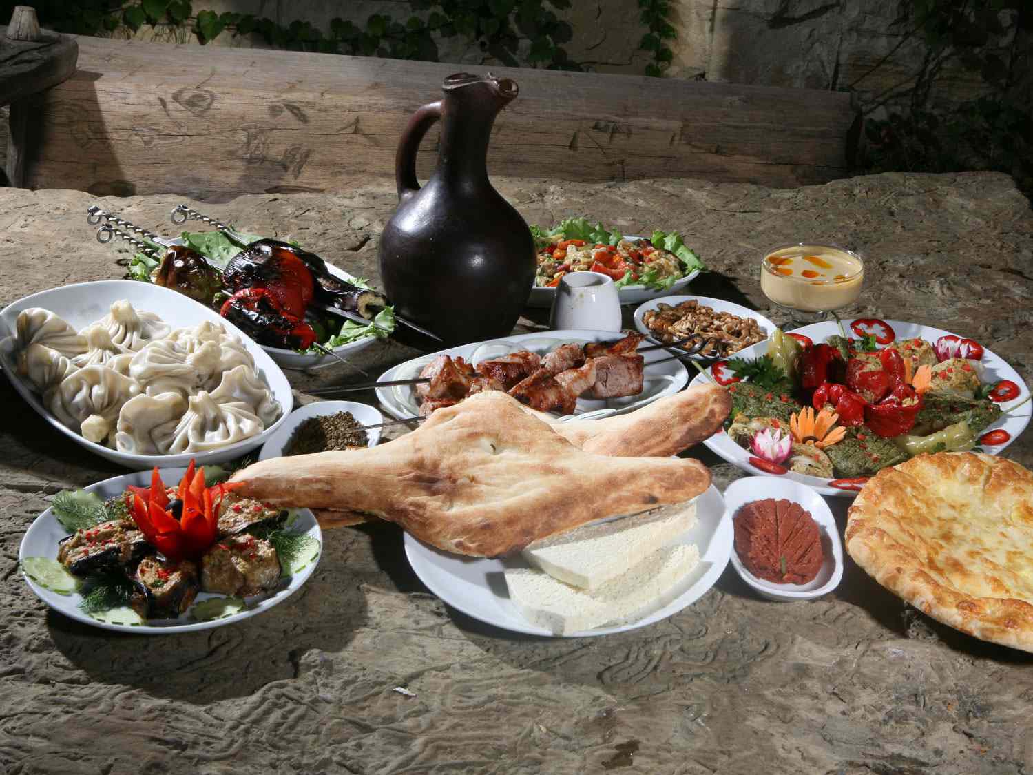 A table filled with traditional Georgian food.