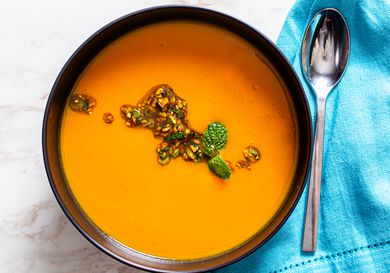 Overhead photo of sweet potato soup in a bowl.