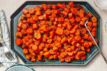 Overhead view of Stovetop Tzimmes With Carrots and Raisins