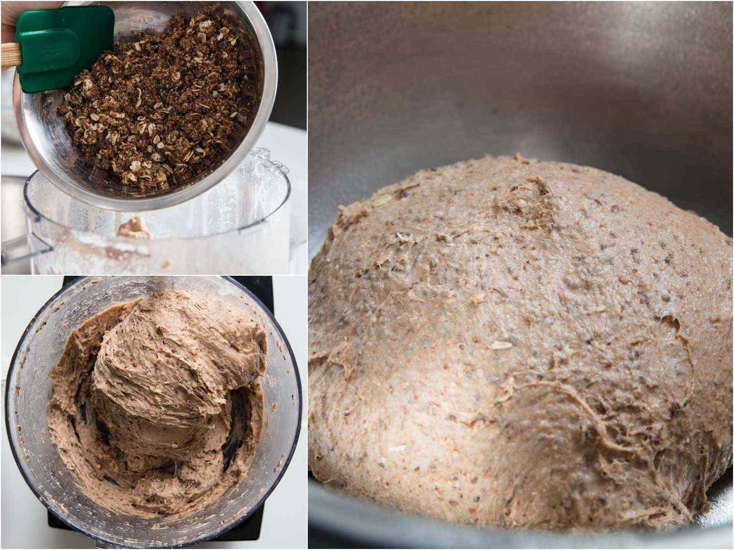 A collage: Adding the grains to the dough and mixing until combined, letting the dough rest in a mixing bowl.