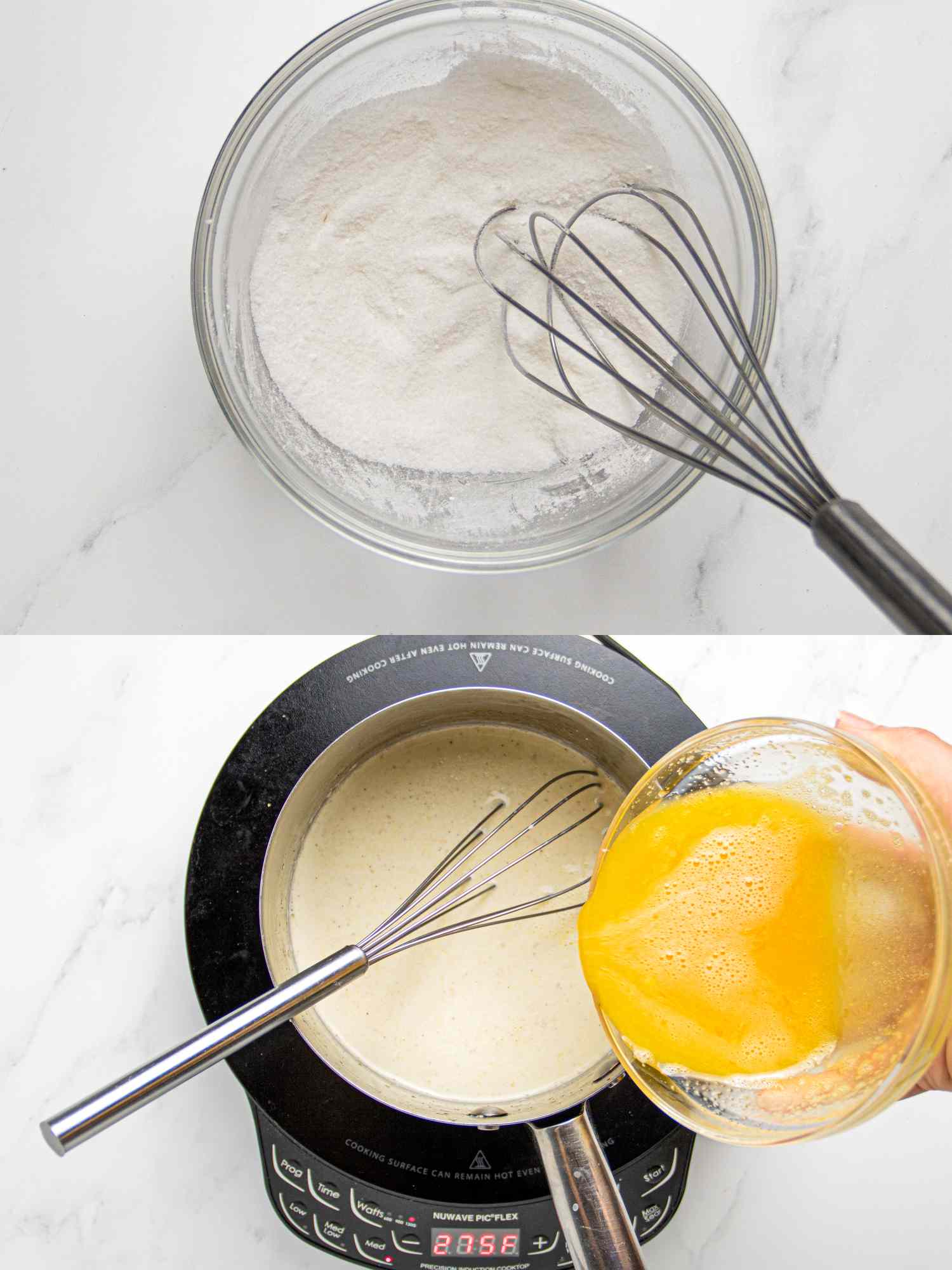 Bowl of dry ingredients with a whisk above liquid being mixed into a pot below