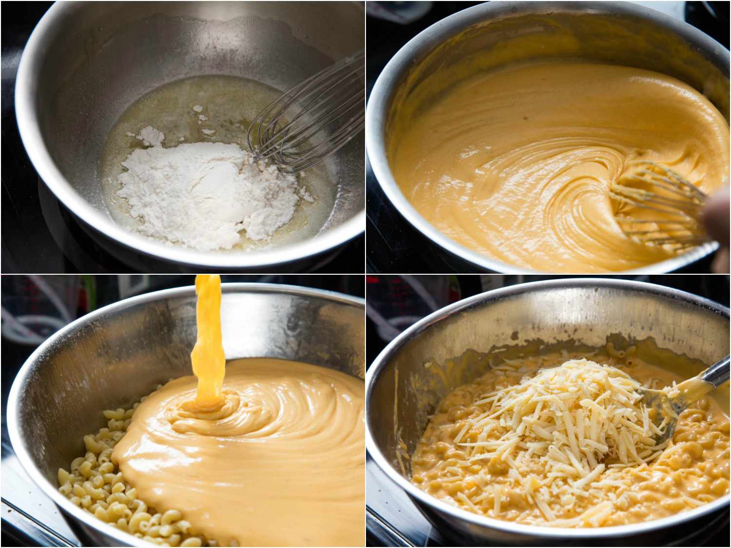 A collage of photos showing whisking flour into butter to make a roux, whisking in cheese to form a sauce, then adding it to macaroni.