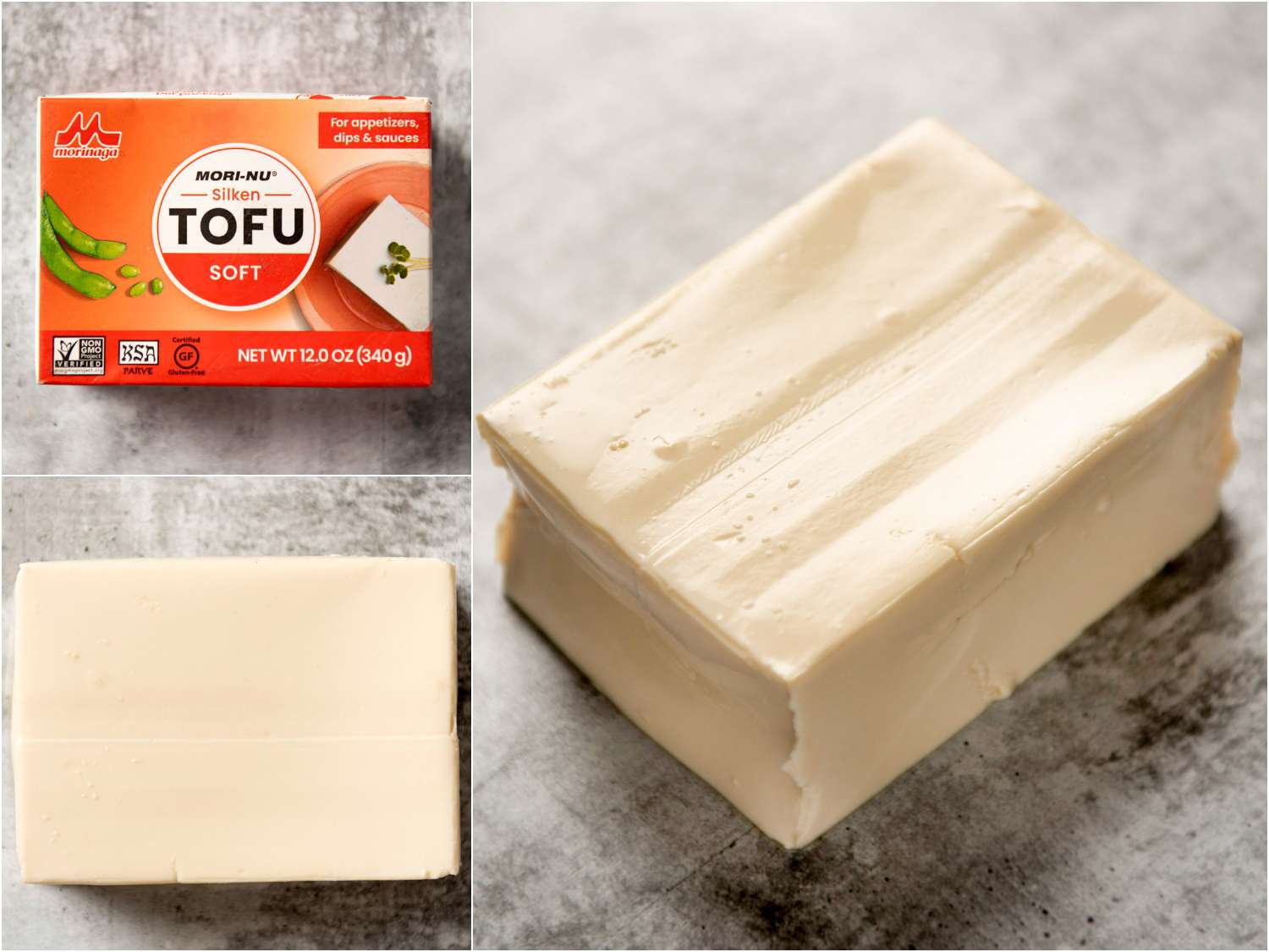 Collage of soft silken tofu in packaging; unpackaged; side angle