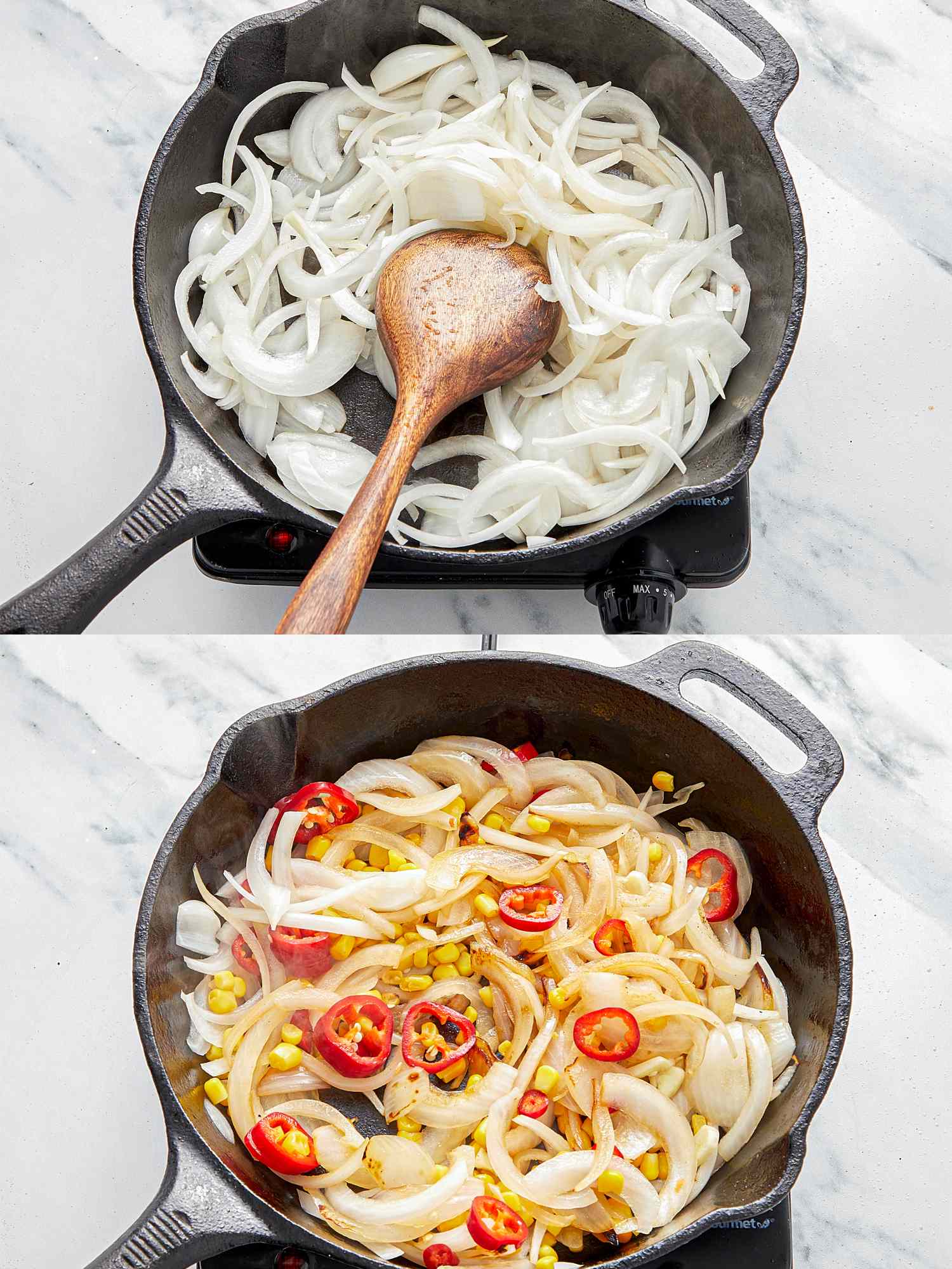 Twostep cooking process in same skillet with onions being sauted and then mixed with red peppers corn and other ingredients