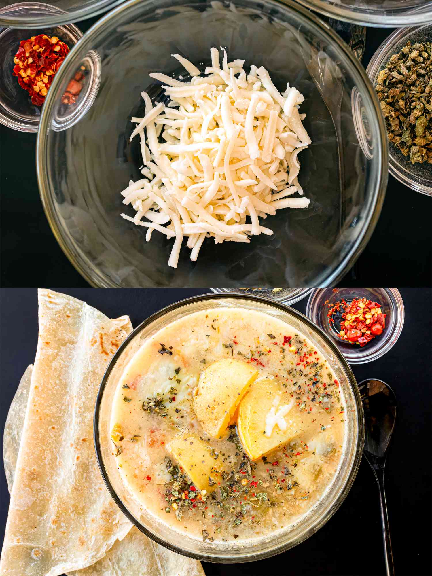 Two image collage of making soup