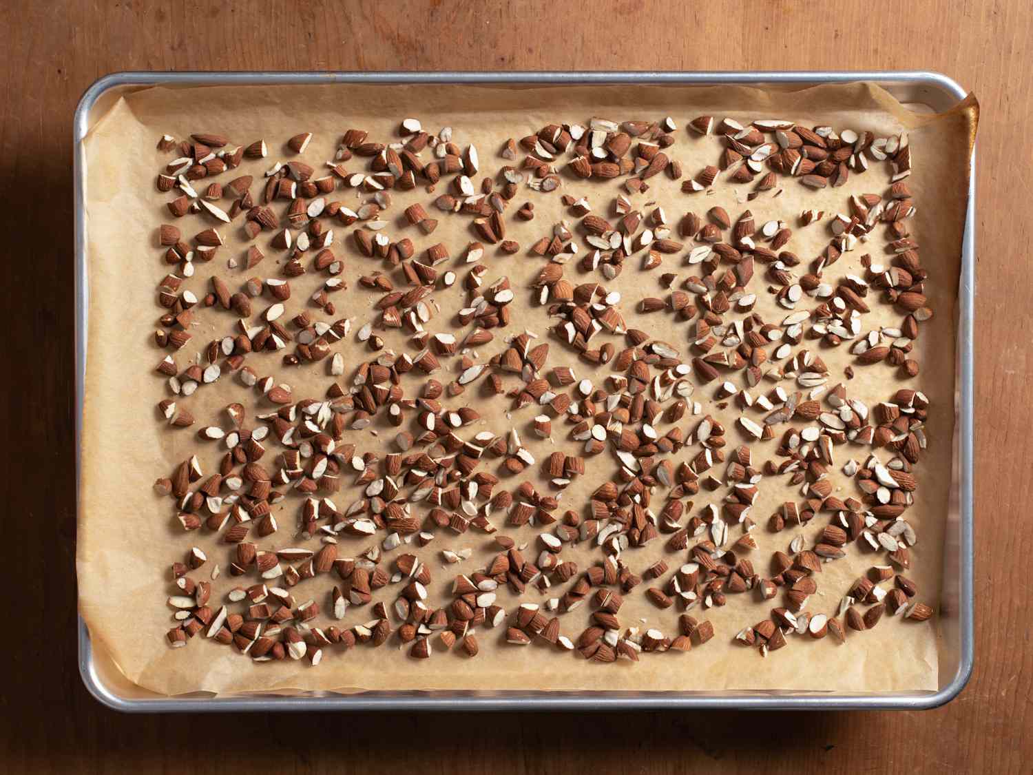 Toasted almonds on a baking sheet
