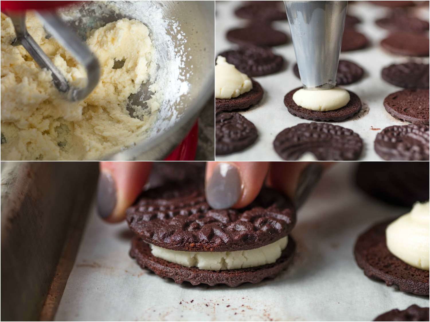 A 3-image collage of beating melted butter and powder sugar and piping the Oreo filling with a piping bag onto the cookie crust, and closing the two layers of the cookie sandwich. 
