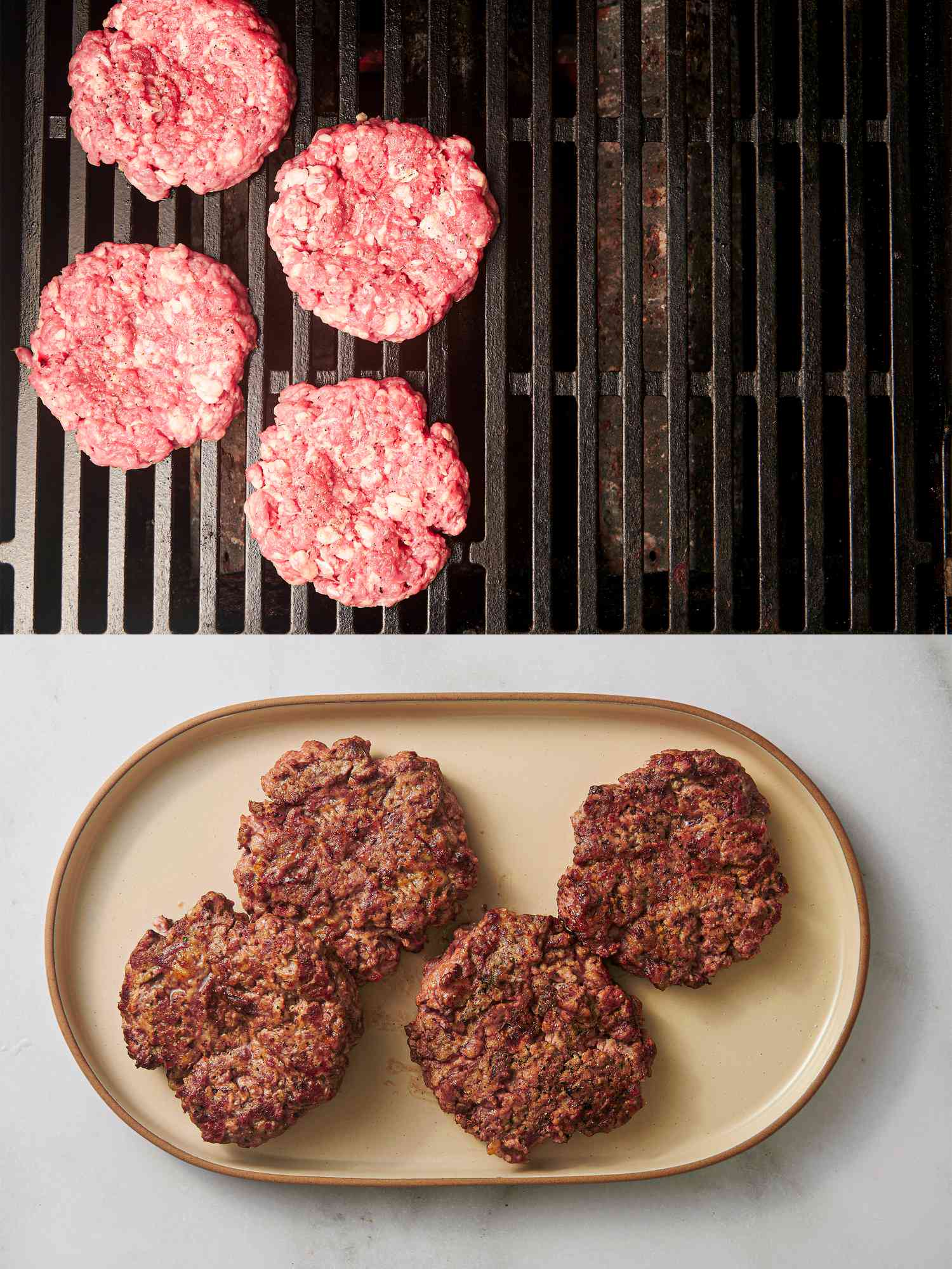 Burgers cooking on the hot side of the grill, and cooked burgers on a large plate