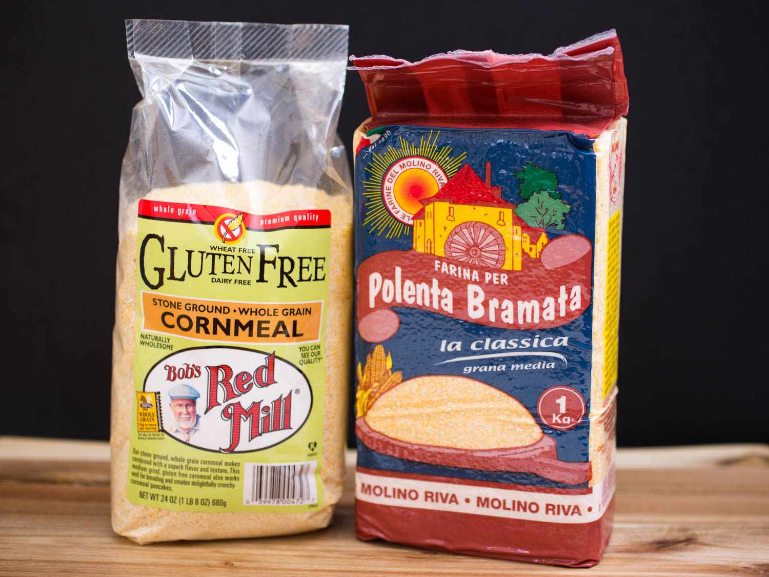 Two brands of dry cornmeal, Bob's Red Mill stone-ground and Polenta Bramata, imported from Italy.
