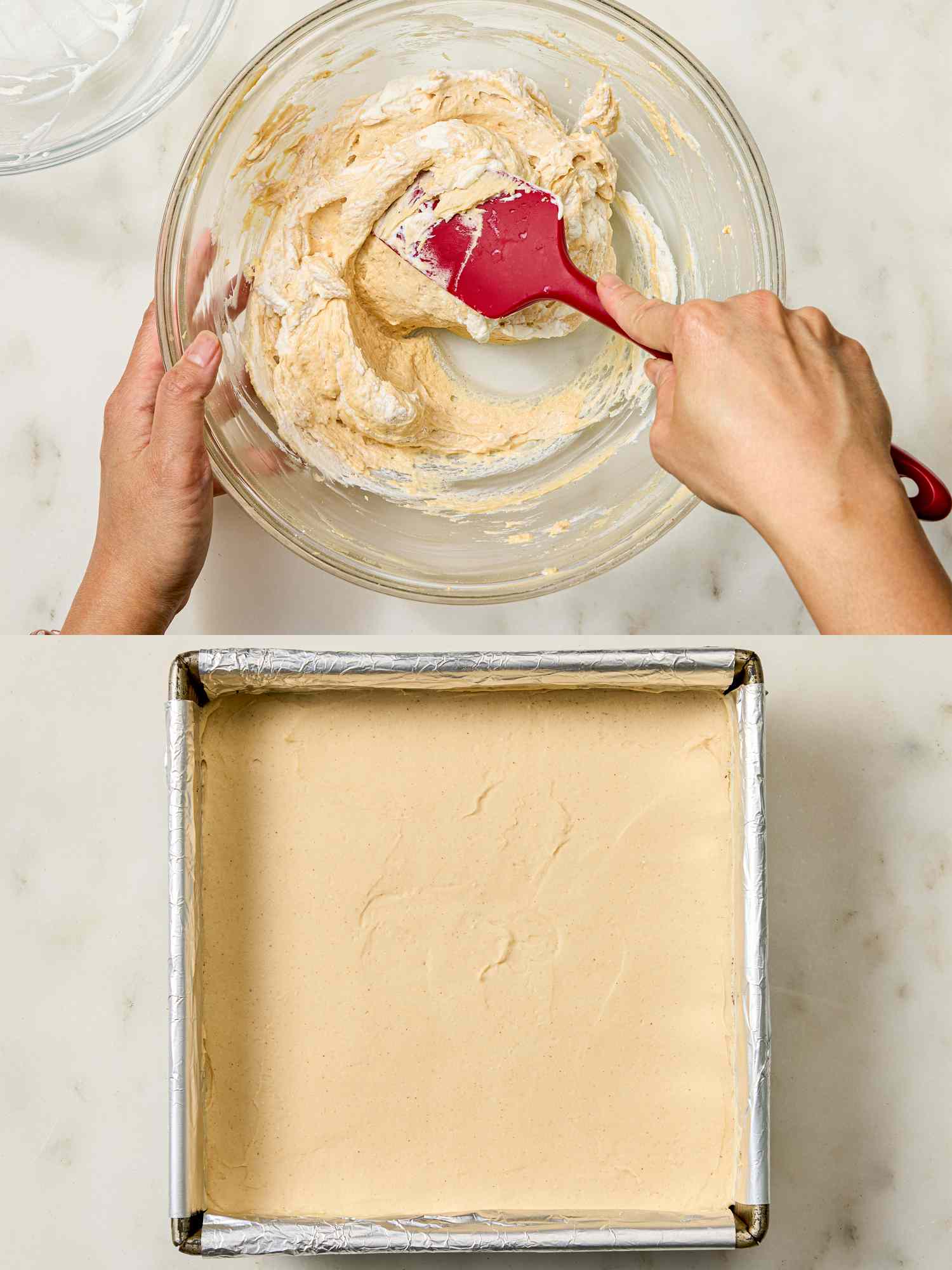 Pair of images top shows mixing batter in a bowl and bottom shows batter smoothed into a square baking pan