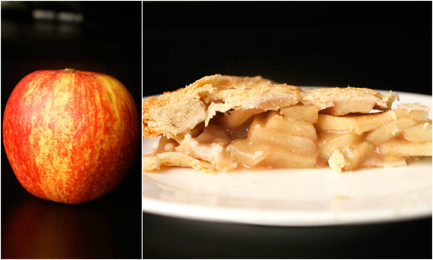 Collage of a Gala apple next to a slice of pie made with Gala apples