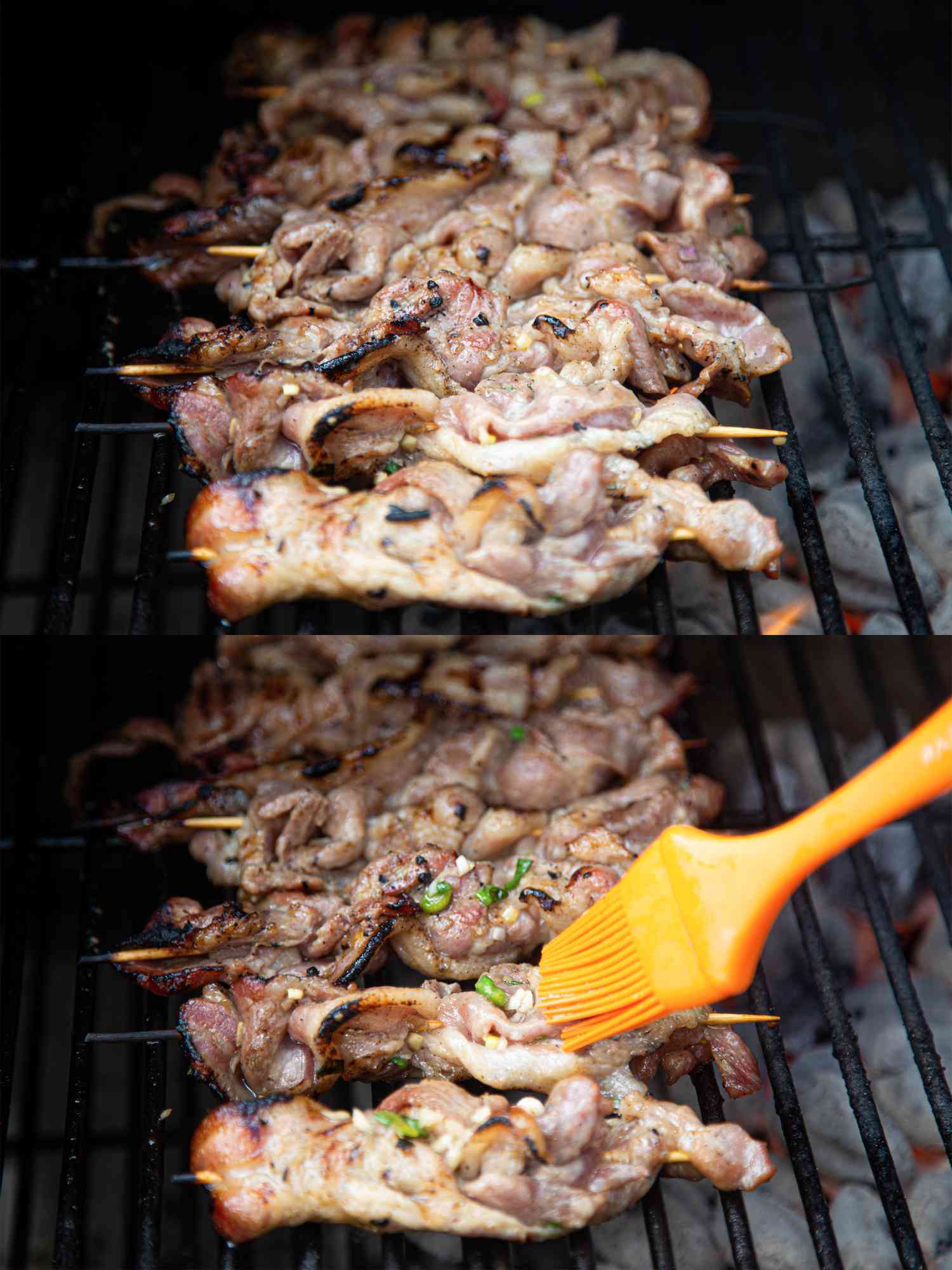 Two image collage of pork skewers on the grill and being basted with marinade