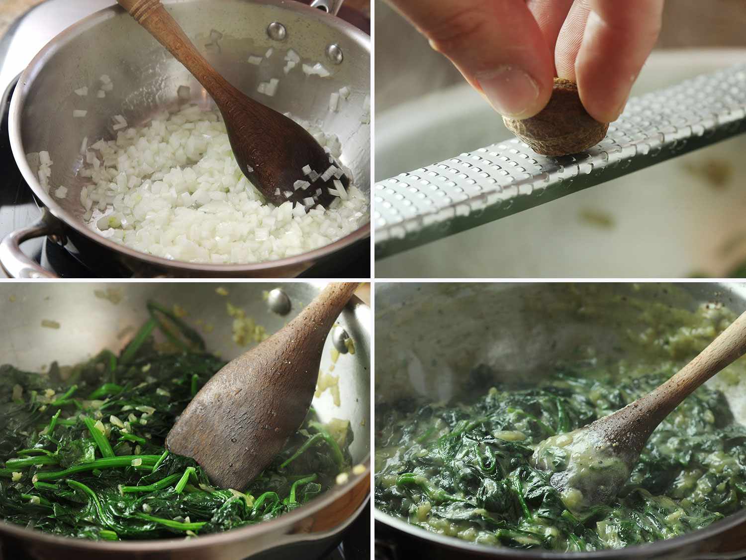 A photo collage of finishing vegan creamed spinach: the first is sautéing diced onions in a pot. The second is a hand grating a whole nutmeg on a microplane. The third is sautéing spinach in a skillet while stirring with a spoon. The fourth is mixing in the pureed cauliflower.