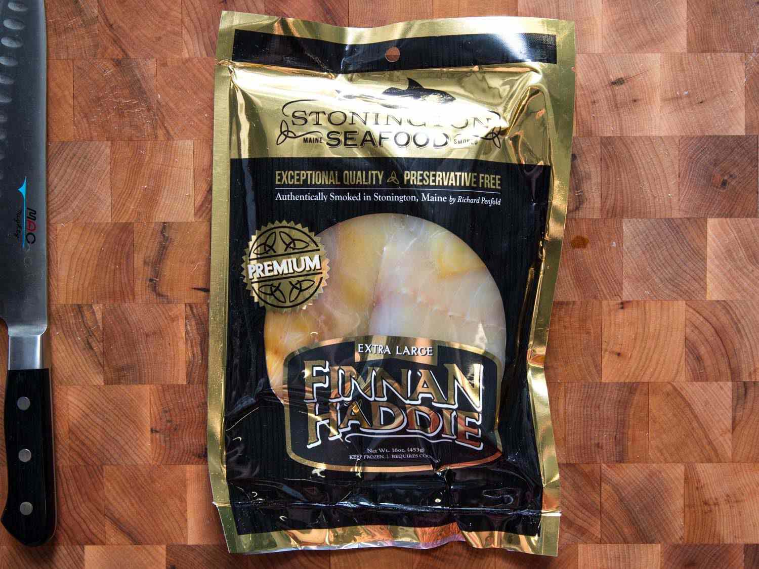 A package of finnan haddie (Scottish smoked haddock).