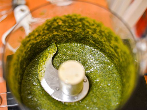 The finished chermoula sauce in the food processor.