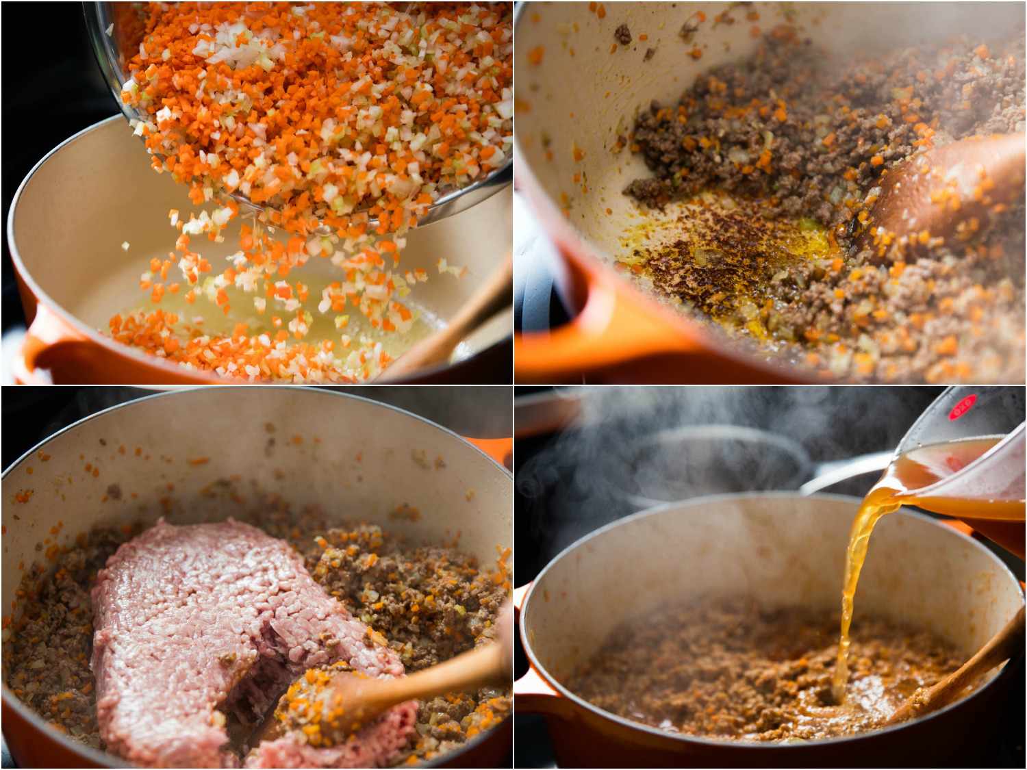 Photo collage of ragù Bolognese being made.