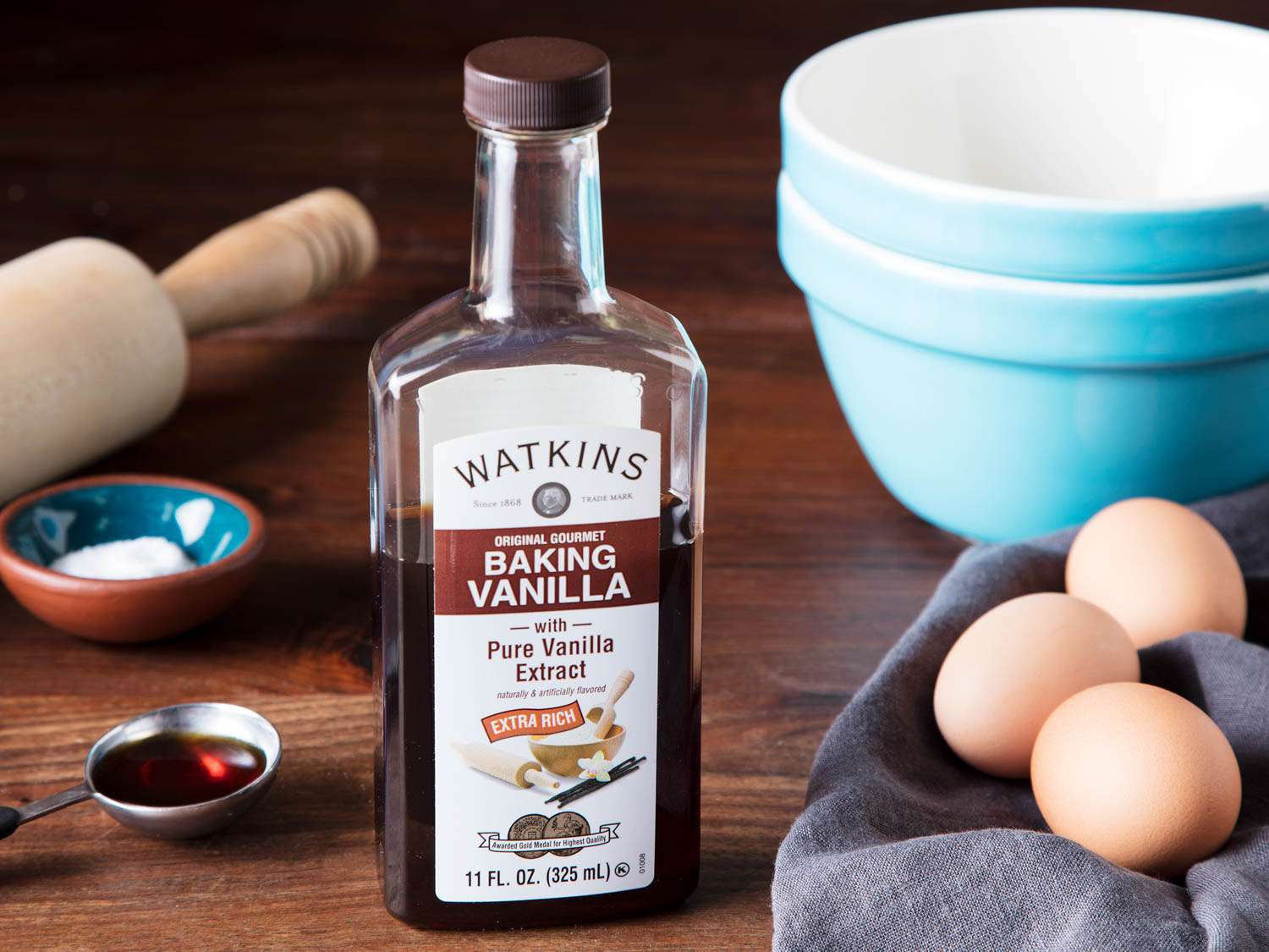 A bottle of Watkins vanilla extract