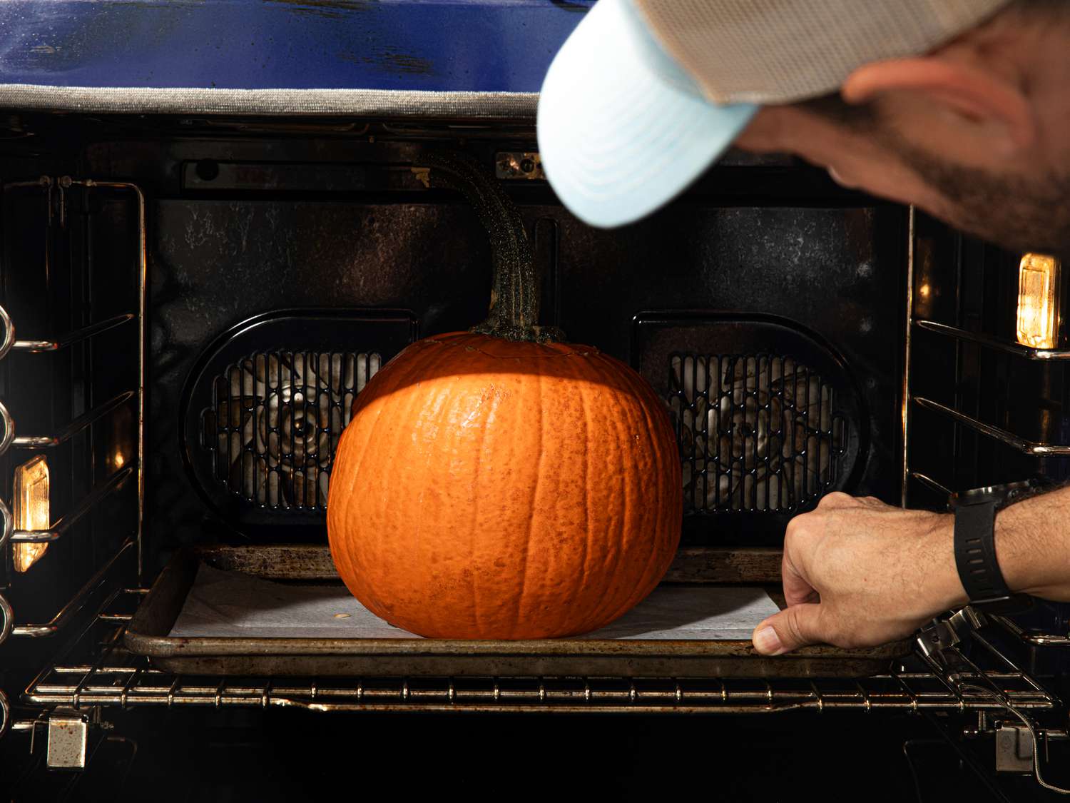 Side view of pumpkin in oven