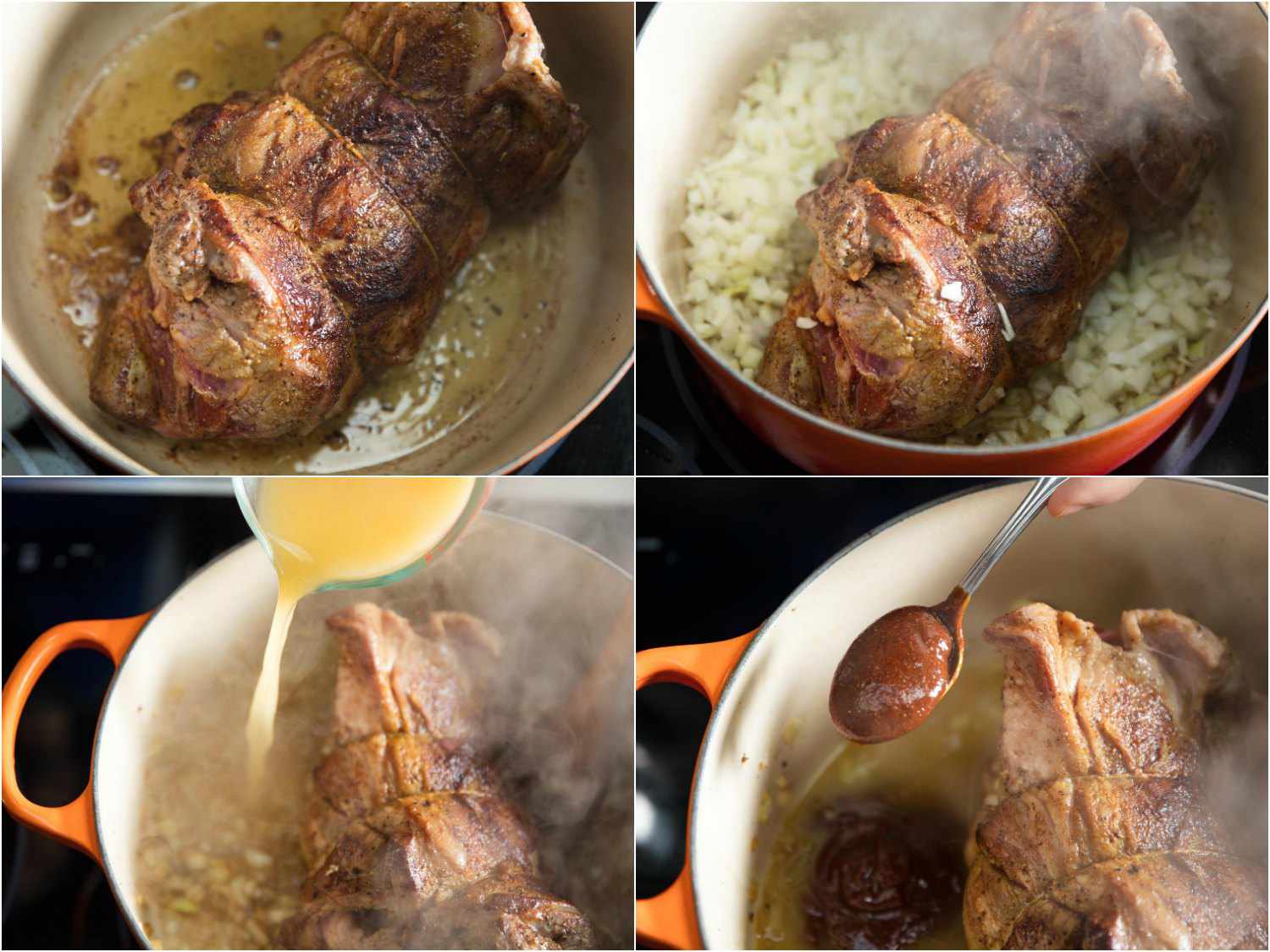 Collage of the tied lamb roast being browned on all sides in a Dutch oven. Diced onion is added, then stock and barbecue sauce.