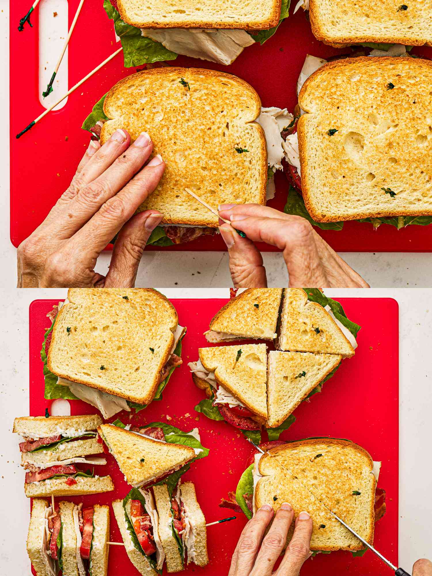 Two image collage of putting toothpicks into sandwiches and cutting into fourhts