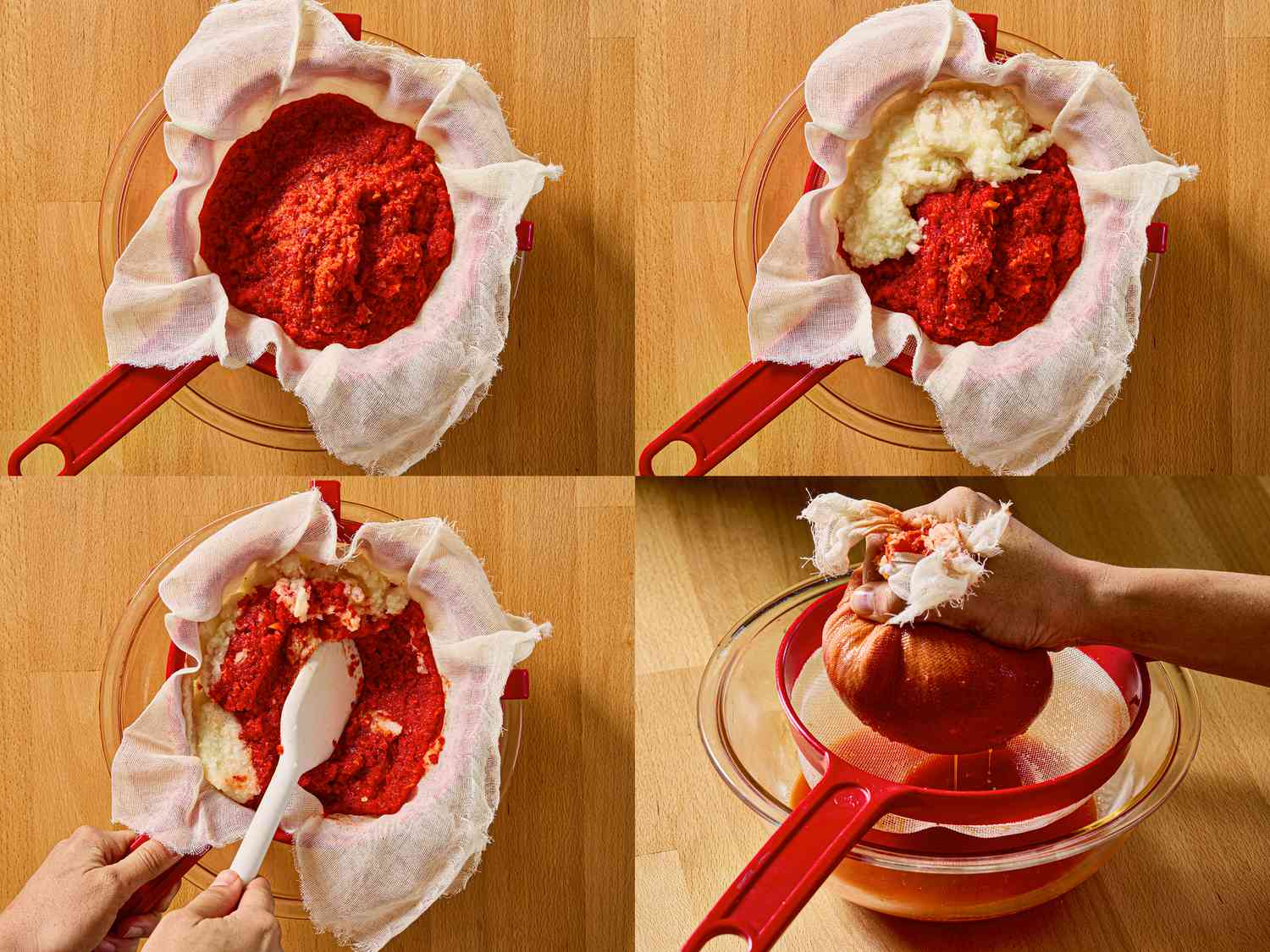 Steps in making a dish with red ingredients strained through a cloth