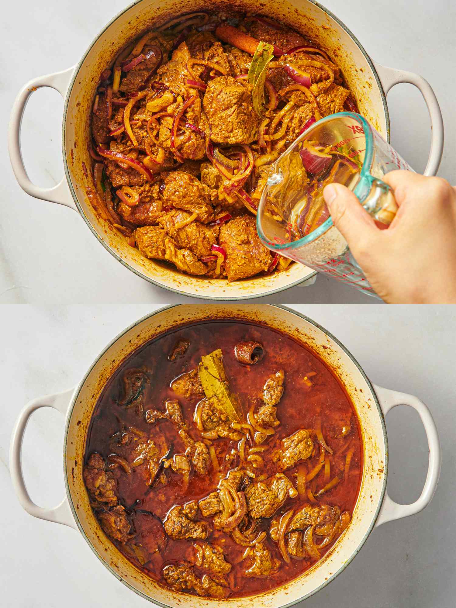 Cooking comparison of a meat dish showing steps before and after adding a liquid and simmering