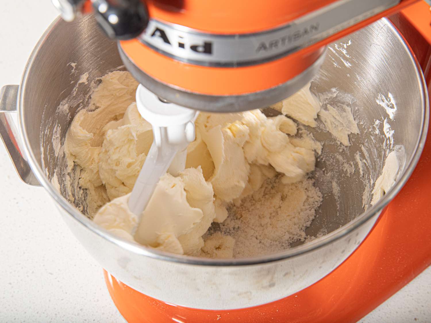 Overhead view of cream in a standmixer