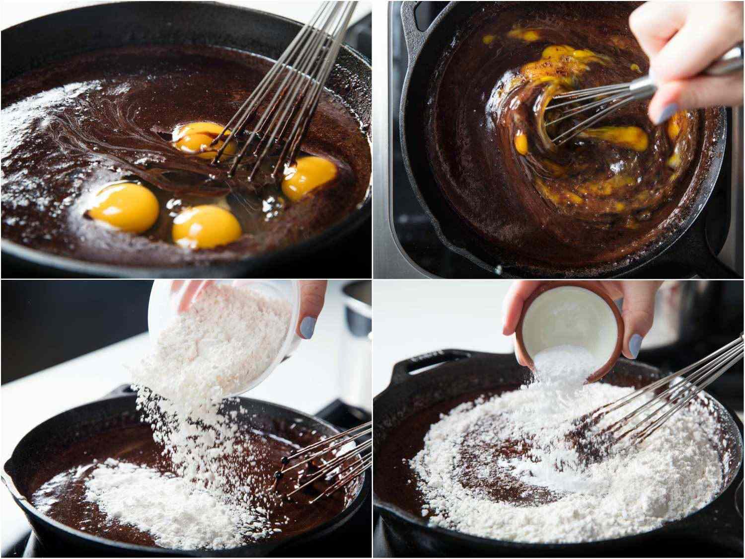 A 4-image collage of making chocolate skillet cake batter: adding eggs, flour, and baking soda to the chocolate mixture.