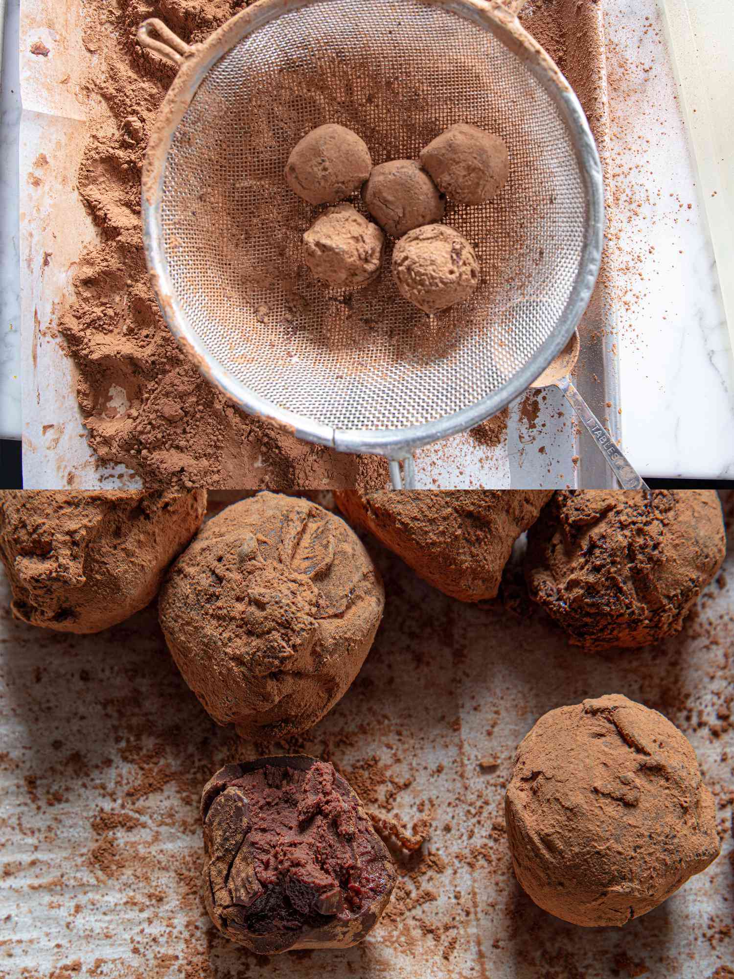 Two image collage of shifting coca powder off trufffles