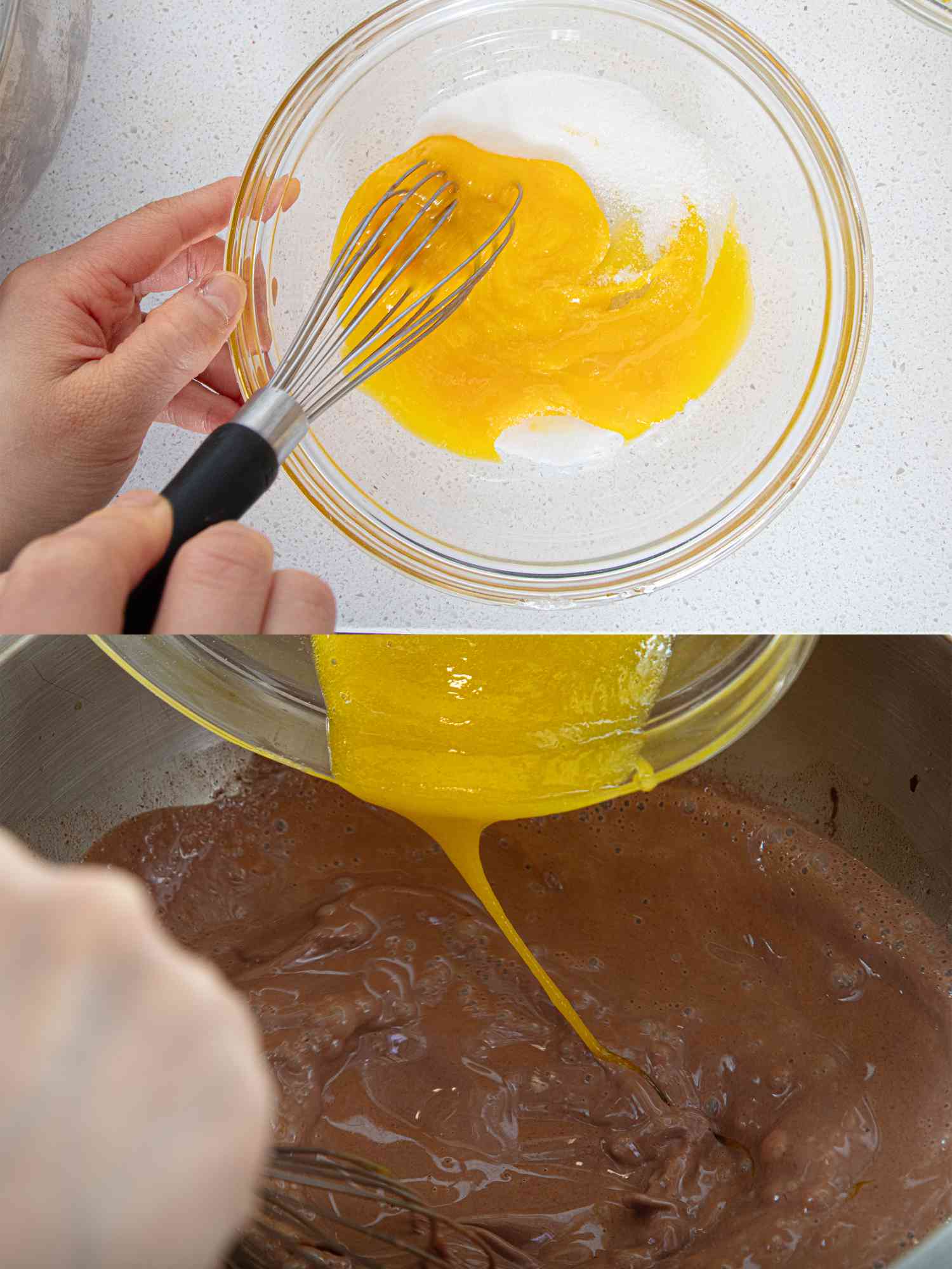 Two image collage of whisking egg and sugar together and adding to chocolate