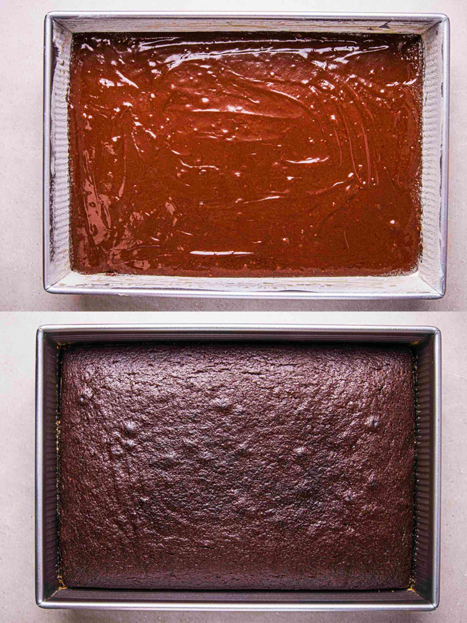 Two image collage of cake baking